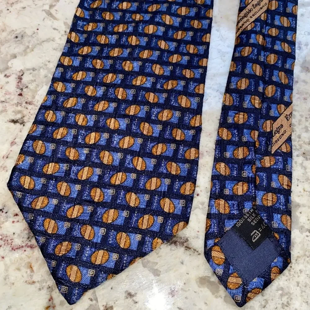 ERMENEGILDO ZEGNA $210 Mens Blue Brown Print Silk Necktie Tie EUC